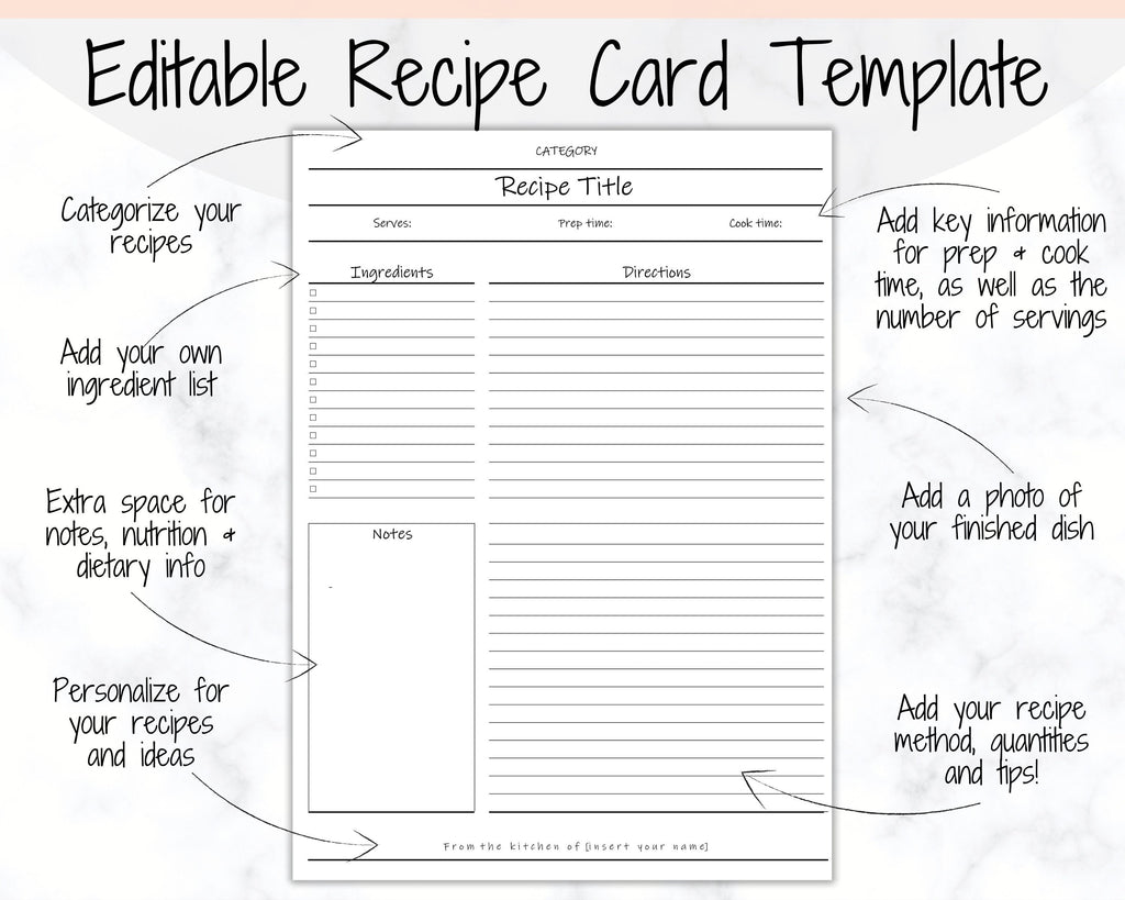 Recipe Template, Recipe Cards, Blank Recipe Pages for Cookbook in