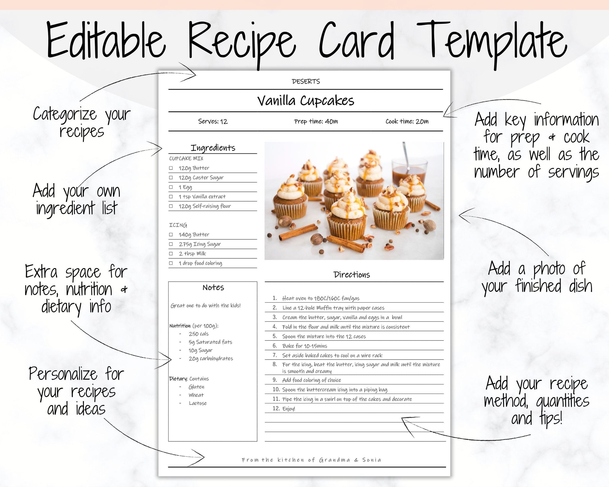 Editable Recipe Sheet Template, Recipe Book, Recipe Cards - Photo Ink Free