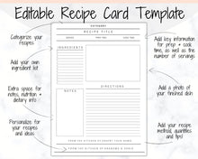 Load image into Gallery viewer, EDITABLE Recipe Sheet Template, Recipe Book template, Recipe Cards, Minimal Recipe Binder, 8.5x11 Printable Farmhouse, Food Planner Journal - Yu Font
