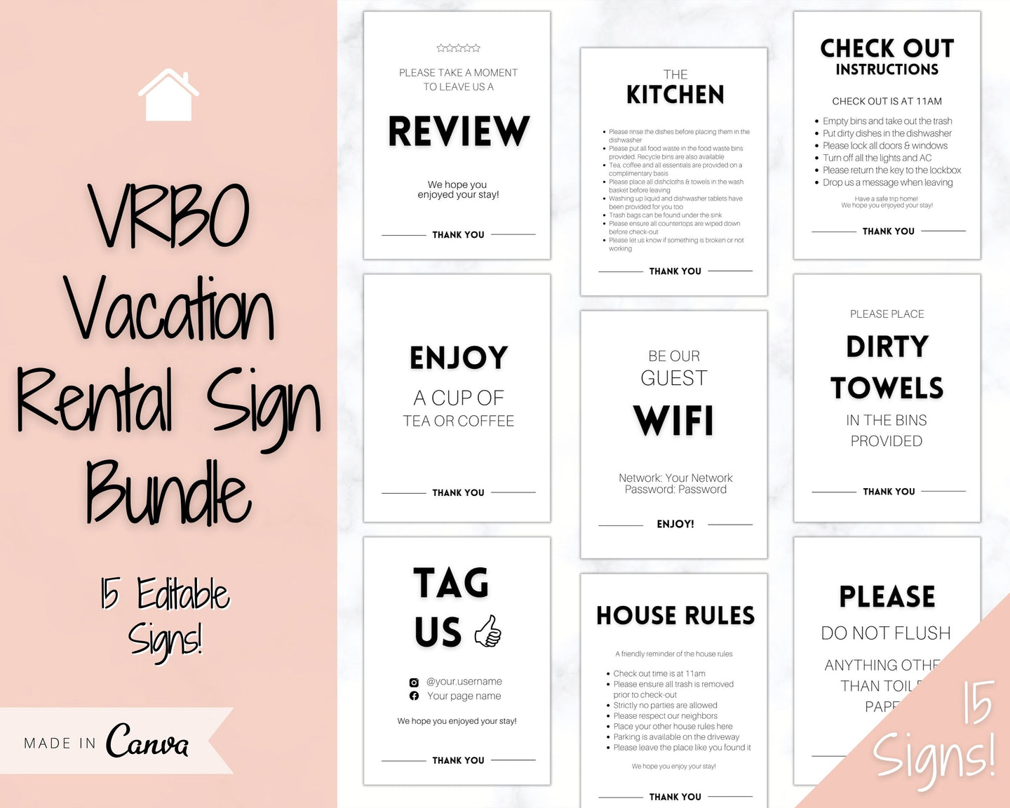 EDITABLE VRBO Vacation Rental Signs! Airbnb Template Bundle, Wifi password Sign, Welcome Book, House Rules, Airbnb Host, Check Out Signage | Bold