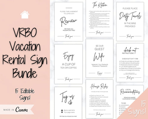 EDITABLE VRBO Vacation Rental Signs! Airbnb Template Bundle, Wifi password Sign, Welcome Book, House Rules, Airbnb Host, Check Out Signage | Brit