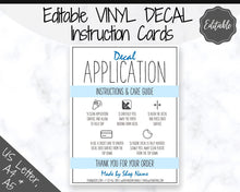 Load image into Gallery viewer, EDITABLE Vinyl Decal Care Card Instructions, Printable Decal Application Order Card, DIY Sticker Seller Packaging Label, Care Cards | Blue
