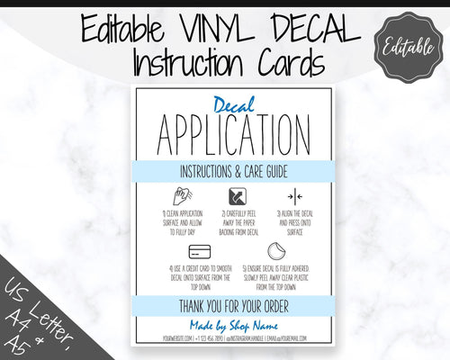 EDITABLE Vinyl Decal Care Card Instructions, Printable Decal Application Order Card, DIY Sticker Seller Packaging Label, Care Cards | Blue
