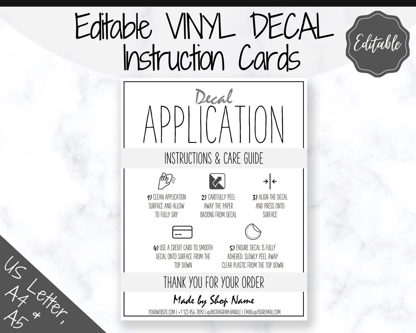 EDITABLE Vinyl Decal Care Card Instructions, Printable Decal Application Order Card, DIY Sticker Seller Packaging Label, Care Cards | Grey