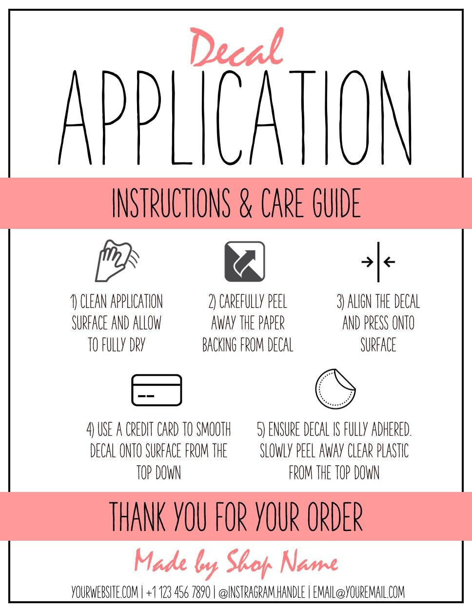 EDITABLE Vinyl Decal Care Card Printable Instructions | Multicolor for Car Decal Instructions Printable Free