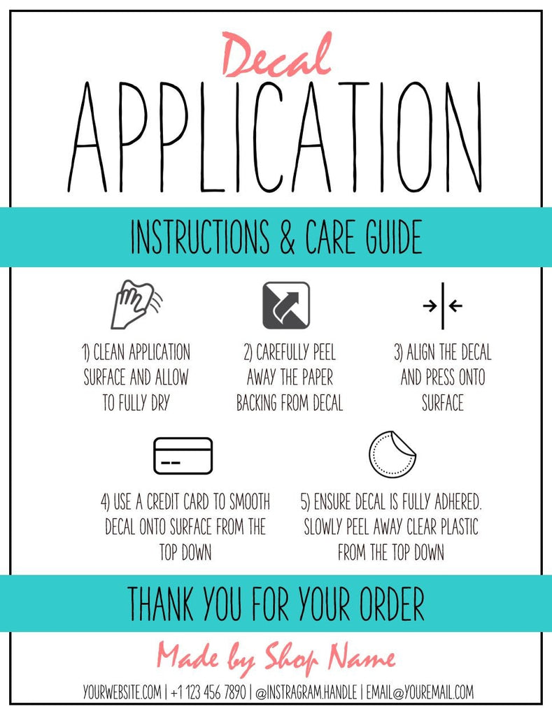 EDITABLE Vinyl Decal Care Card Printable Instructions | Multicolor EDITABLE Vinyl Decal Care Card Printable Instructions | Multicolor