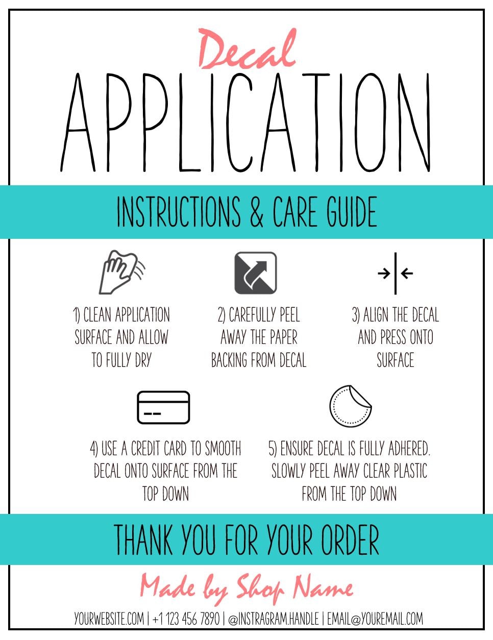 EDITABLE Vinyl Decal Care Card Printable Instructions | Multicolor for Free Printable Vinyl Decal Application Instructions Printable
