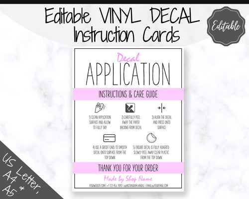 EDITABLE Vinyl Decal Care Card Instructions, Printable Decal Application Order Card, DIY Sticker Seller Packaging Label, Care Cards | Purple
