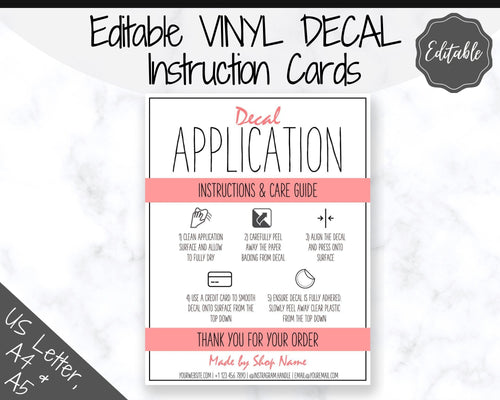 EDITABLE Vinyl Decal Care Card Instructions, Printable Decal Application Order Card, DIY Sticker Seller Packaging Label, Care Cards | Red