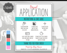 Load image into Gallery viewer, EDITABLE Vinyl Decal Care Card Instructions, Printable Decal Application Order Card, DIY Sticker Seller Packaging Label, Care Cards | Teal &amp; Red

