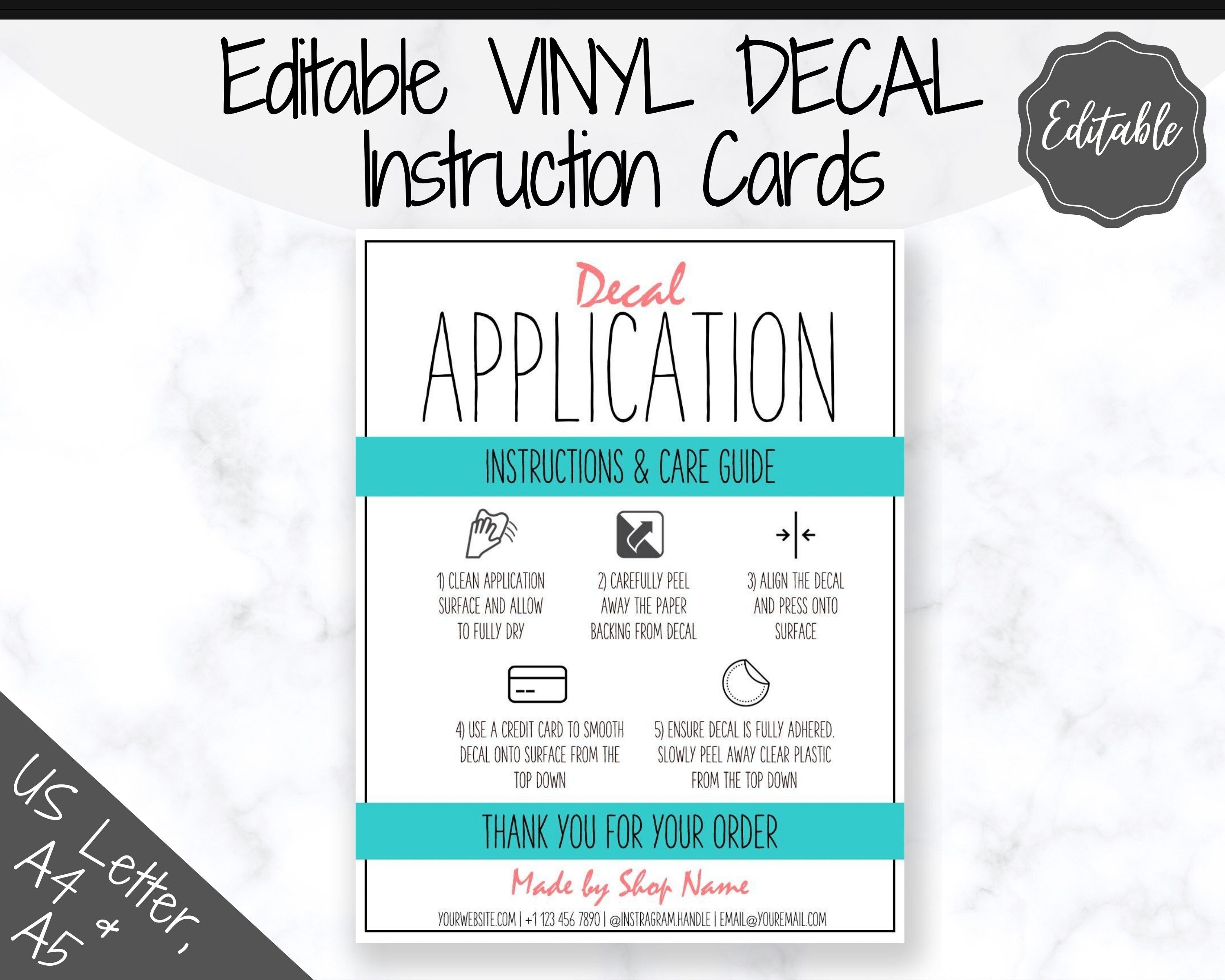 EDITABLE Vinyl Decal Care Card Printable Instructions | Teal & Red