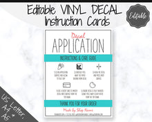 Load image into Gallery viewer, EDITABLE Vinyl Decal Care Card Instructions, Printable Decal Application Order Card, DIY Sticker Seller Packaging Label, Care Cards | Teal &amp; Red
