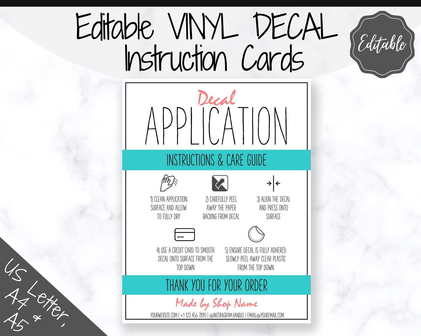 EDITABLE Vinyl Decal Care Card Instructions, Printable Decal Application Order Card, DIY Sticker Seller Packaging Label, Care Cards | Teal & Red
