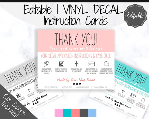 EDITABLE Vinyl Decal Thank You Business Card Instructions, BUNDLE Printable Decal Application Order Card, DIY Sticker Seller Packaging Label | Multicolor Bundle