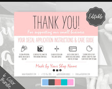 Load image into Gallery viewer, EDITABLE Vinyl Decal Thank You Business Card Instructions, Printable Decal Application Order Cards, DIY Sticker Seller Packaging Label | Pink
