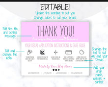 Load image into Gallery viewer, EDITABLE Vinyl Decal Thank You Business Card Instructions, Printable Decal Application Order Cards, DIY Sticker Seller Packaging Label | Purple
