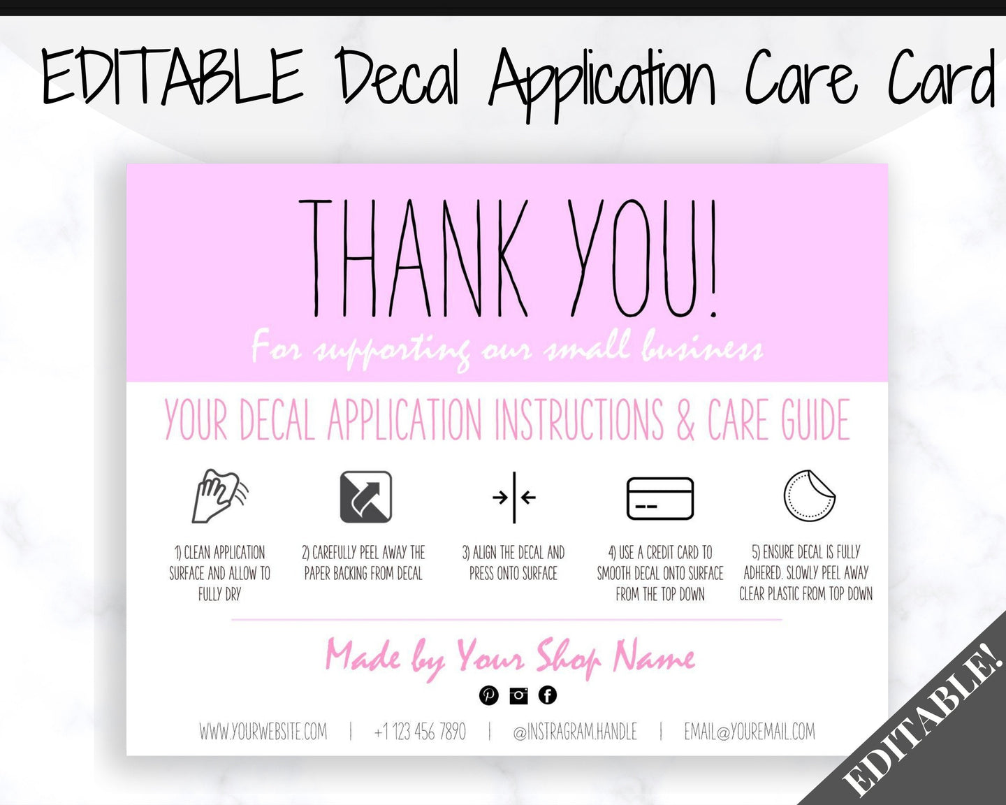 EDITABLE Vinyl Decal Thank You Business Card Instructions, Printable Decal Application Order Cards, DIY Sticker Seller Packaging Label | Purple