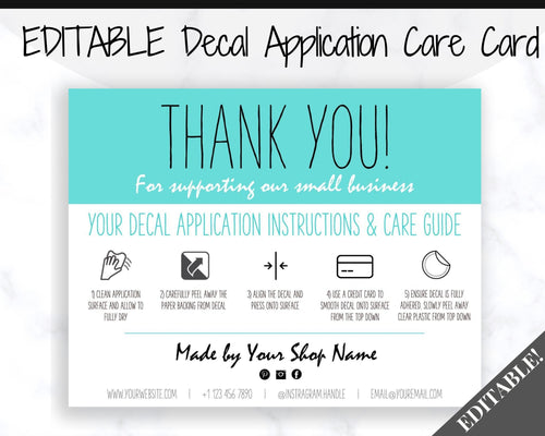 EDITABLE Vinyl Decal Thank You Business Card Instructions, Printable Decal Application Order Cards, DIY Sticker Seller Packaging Label | Teal