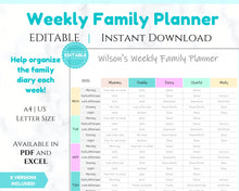 Load image into Gallery viewer, EDITABLE Weekly FAMILY PLANNER Command Center | Family Planner | Printable Family Calendar | Family Household Weekly Schedule | Homeschool - Style 3
