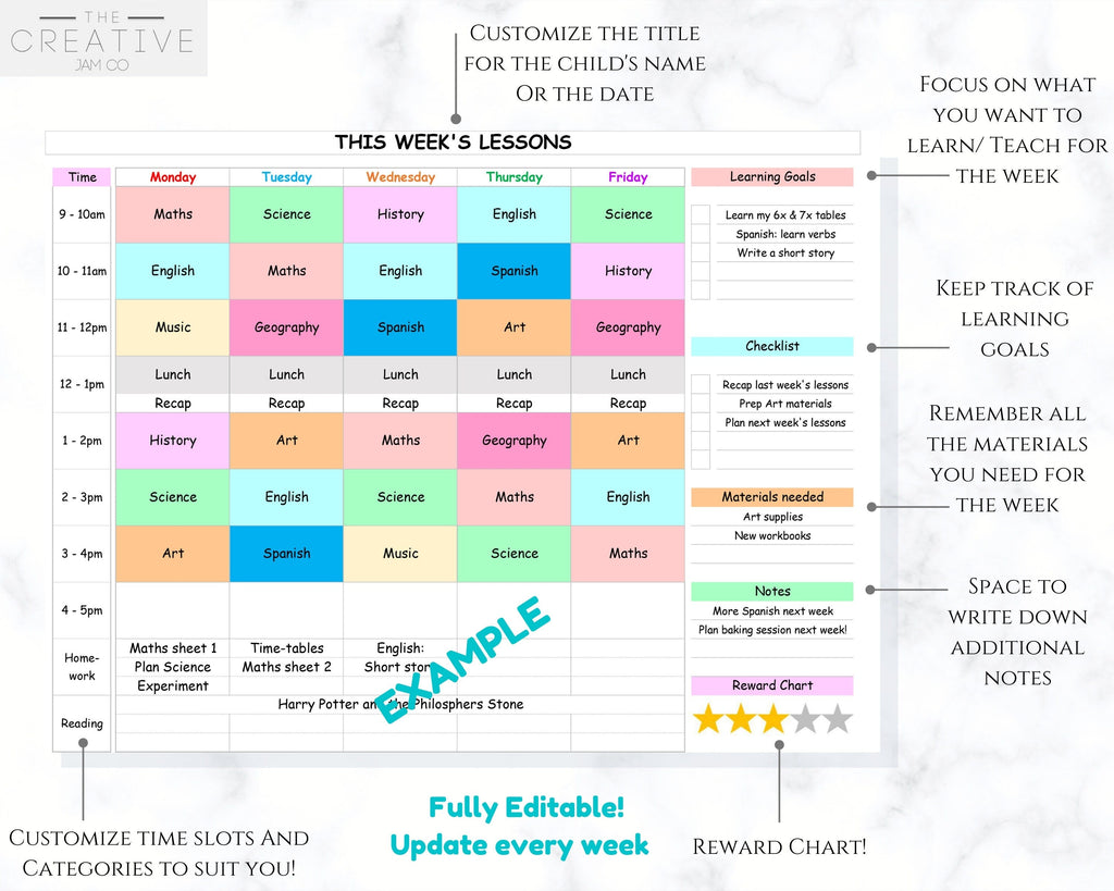 EDITABLE Weekly Homeschool LESSON PLANNER | Home schooling Lesson Plan
