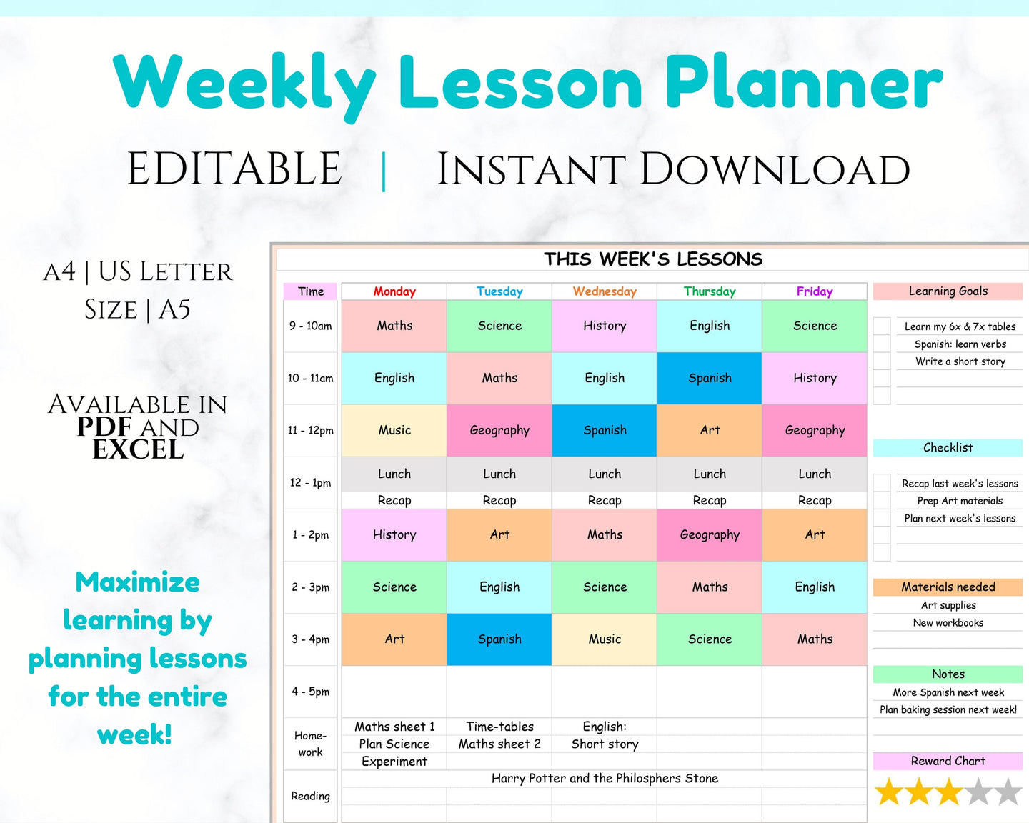 EDITABLE Weekly Homeschool LESSON PLANNER | Home schooling Lesson Plan | Printable Teaching Planner | Academic Classroom Curriculum Schedule