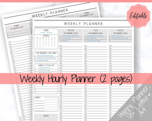 EDITABLE Weekly Planner Printable, Hourly Planner, Week on 2 pages WO2P, Weekly Schedule, Undated Planner, 2021 Weekly Organizer, To Do List - Mono