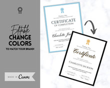 Load image into Gallery viewer, Editable Certificate Template, Certificate of Completion, Achievement, Award, Recognition, Hair, Massage, Lashes Course, Training, BUNDLE | Portrait
