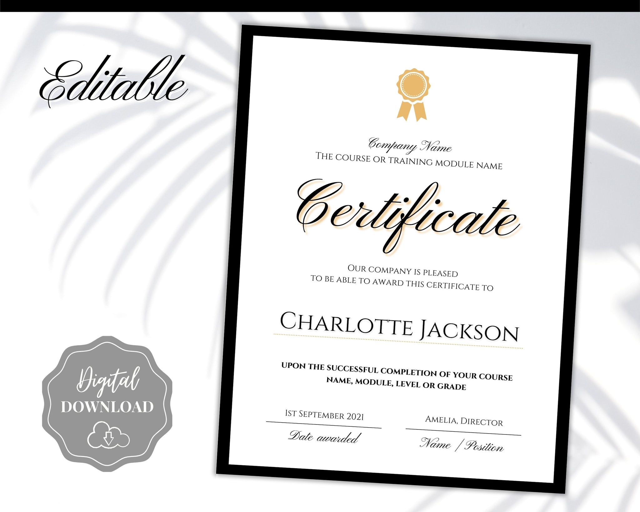 Editable CERTIFICATE OF COMPLETION TEMPLATE Printable Fully Customizable  Digital