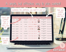 Load image into Gallery viewer, Editable Content Calendar, Google Sheets Spreadsheet, Social Media Manager, Monthly Content Planner, Instagram, Youtube, TikTok, Influencer | Pink
