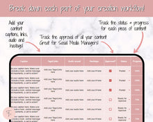 Load image into Gallery viewer, Editable Content Calendar, Google Sheets Spreadsheet, Social Media Manager, Monthly Content Planner, Instagram, Youtube, TikTok, Influencer | Pink
