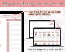 Load image into Gallery viewer, Editable Content Calendar, Google Sheets Spreadsheet, Social Media Manager, Monthly Content Planner, Instagram, Youtube, TikTok, Influencer | Pink
