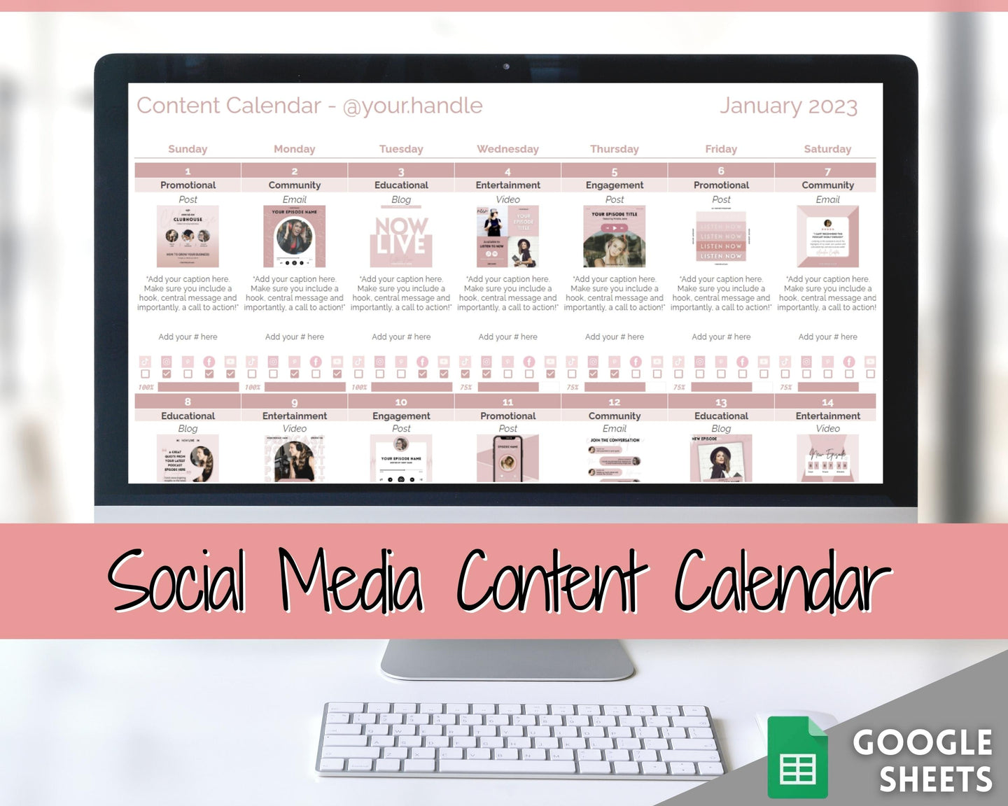 Editable Content Calendar, Google Sheets Spreadsheet, Social Media Manager, Monthly Content Planner, Instagram, Youtube, TikTok, Influencer | Pink