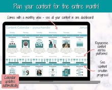 Load image into Gallery viewer, Editable Content Calendar, Google Sheets Spreadsheet, Social Media Manager, Monthly Content Planner, Instagram, Youtube, TikTok, Influencer | Teal

