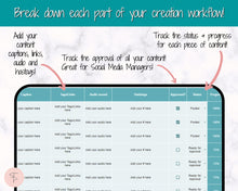 Load image into Gallery viewer, Editable Content Calendar, Google Sheets Spreadsheet, Social Media Manager, Monthly Content Planner, Instagram, Youtube, TikTok, Influencer | Teal
