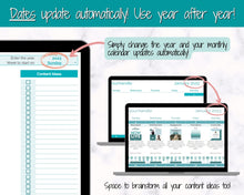 Load image into Gallery viewer, Editable Content Calendar, Google Sheets Spreadsheet, Social Media Manager, Monthly Content Planner, Instagram, Youtube, TikTok, Influencer | Teal
