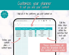 Load image into Gallery viewer, Editable Content Calendar, Google Sheets Spreadsheet, Social Media Manager, Monthly Content Planner, Instagram, Youtube, TikTok, Influencer | Teal
