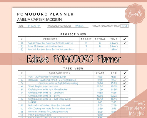 Editable POMODORO Planner, Productivity Planner Pages, Student Project Planner, Printable To Do List, Daily Pomodoro Time & Task Tracker