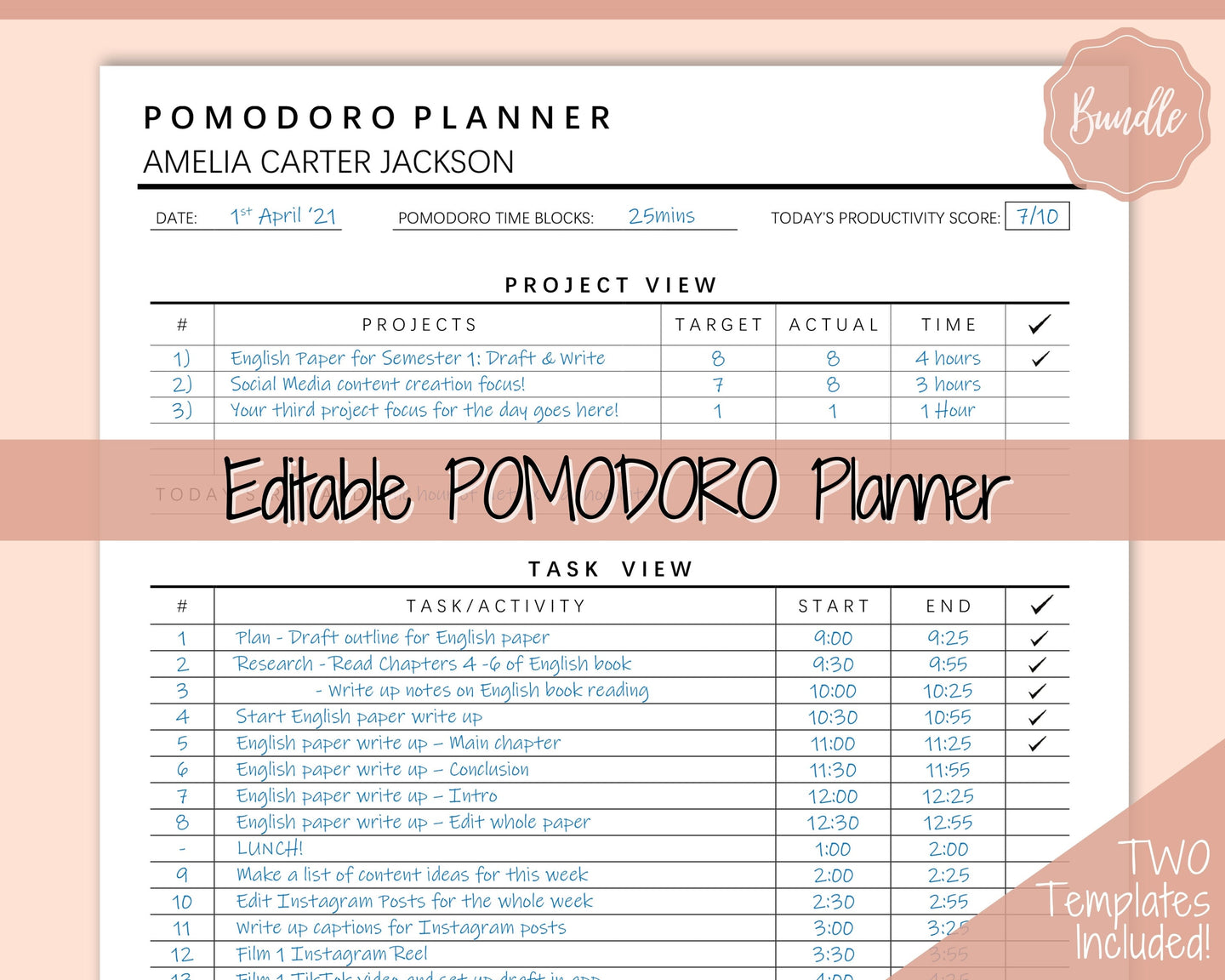 Editable POMODORO Planner, Productivity Planner Pages, Student Project Planner, Printable To Do List, Daily Pomodoro Time & Task Tracker