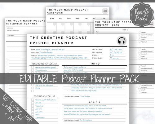 Editable Podcast Planner BUNDLE Pack. Podcast Template Content Calendar, Podcast Checklist, Printable Pod Cast Interview Script & Tracker - Mono