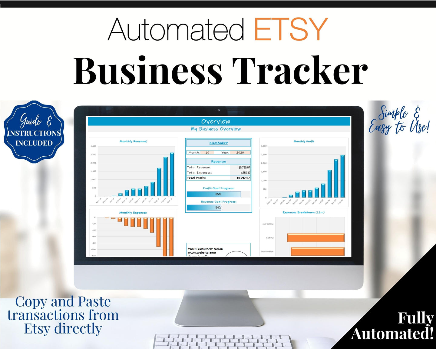 Etsy Business Tracker! Automated Spreadsheet for your Business, Profit Loss, Income Expense, Product, Inventory, Fees, Book keeping | Microsoft Excel