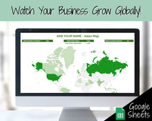 Load image into Gallery viewer, Etsy Sales Map Tracker, Global Order Tracker, Small Business World Sales, Automated Country Sales Map, Google Sheets Spreadsheet, Postcode | Green
