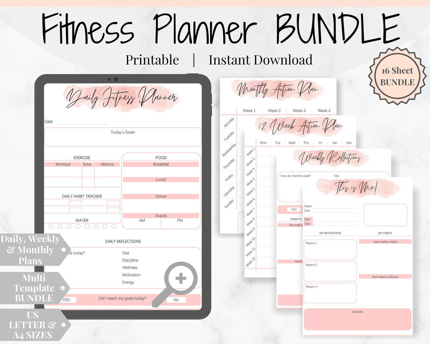 FITNESS PLANNER for Weight Loss. Habit Tracker, Mood Tracker, Diet Planner included in Self Care Kit. Wellness planner, weight loss tracker | Watercolor