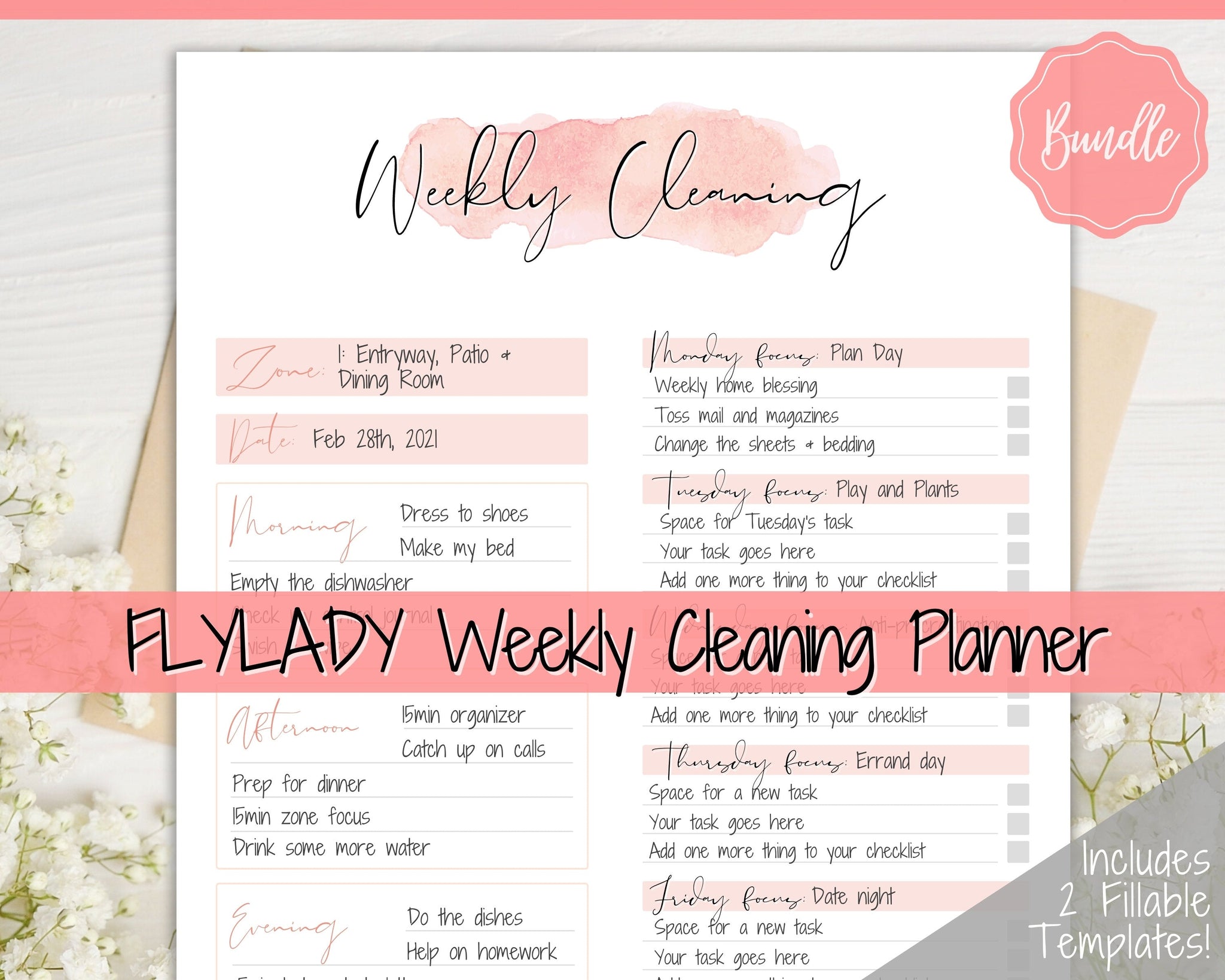 FLY LADY Cleaning Schedule Printable | Portrait & Landscape - Pink