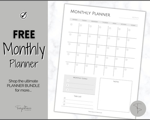 FREE - Monthly Planner Printable, Monthly Calendar, To Do List Printable, Undated Schedule, Productivity Template | Mono