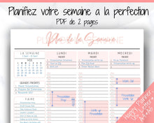 Load image into Gallery viewer, FRENCH Weekly Planner Printable, Français, Hourly Planner, Plan de la Semaine, Week on 2 pages, Weekly Schedule, Undated Planner, To Do List - Style 3
