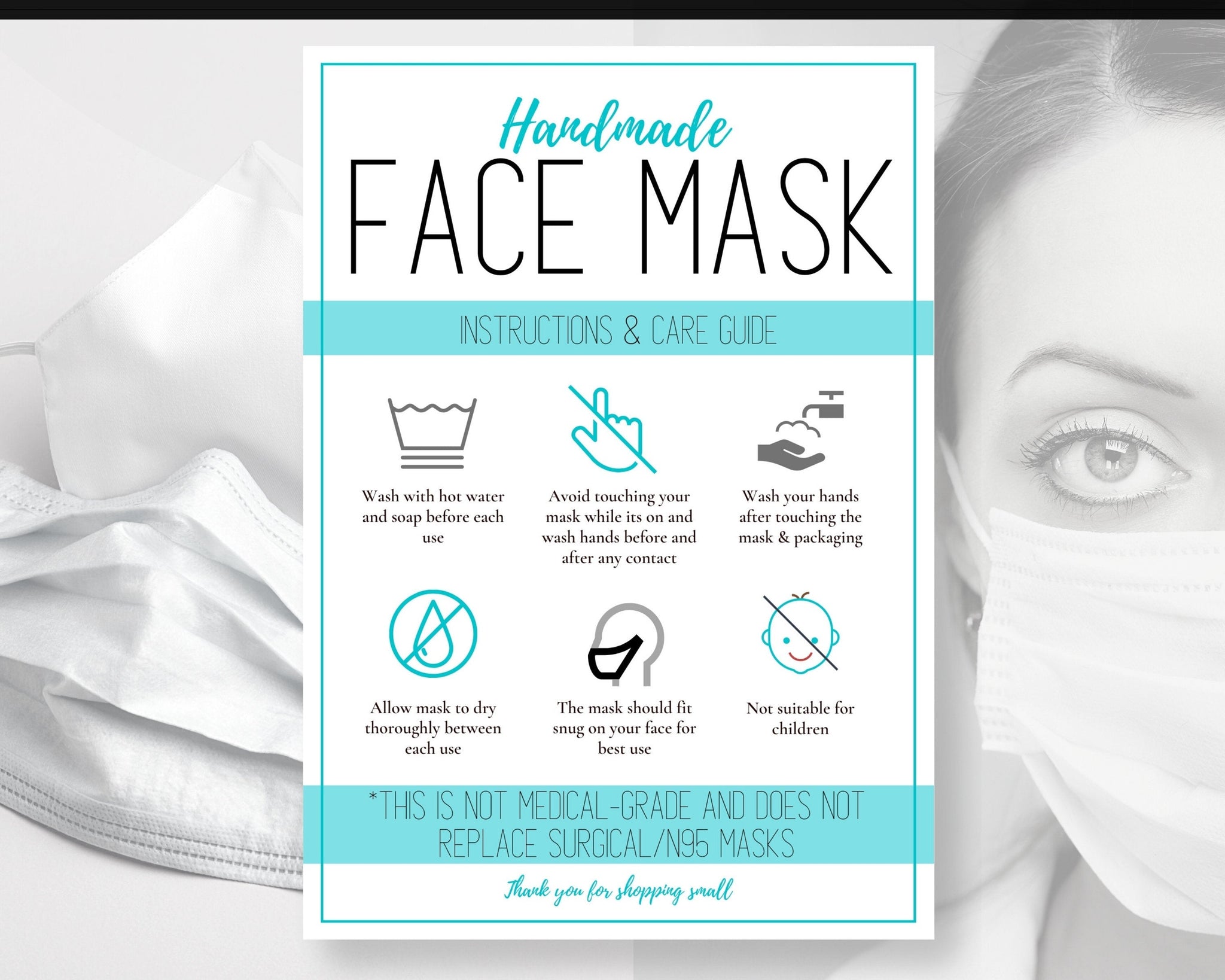 Face Mask Label Care Card Instructions | Aqua