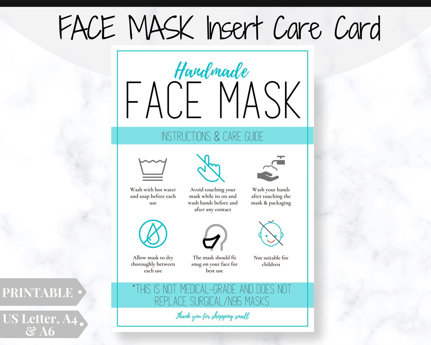 Face Mask LABEL CARE CARD, How to Handle Order Card, Face Mask Printable Instructions, Business Labels, Face Mask Seller, Package Label Tag | Aqua