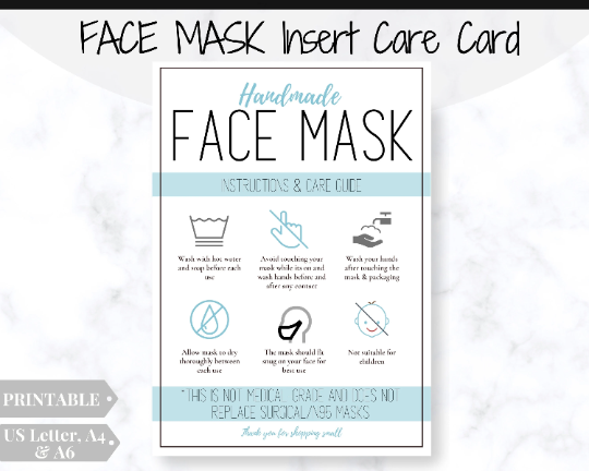 Face Mask LABEL CARE CARD, How to Handle Order Card, Face Mask Printable Instructions, Business Labels, Face Mask Seller, Package Label Tag | Blue
