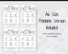 Load image into Gallery viewer, Face Mask LABEL CARE CARD, How to Handle Order Card, Face Mask Printable Instructions, Business Labels, Face Mask Seller, Package Label Tag | Monochrome

