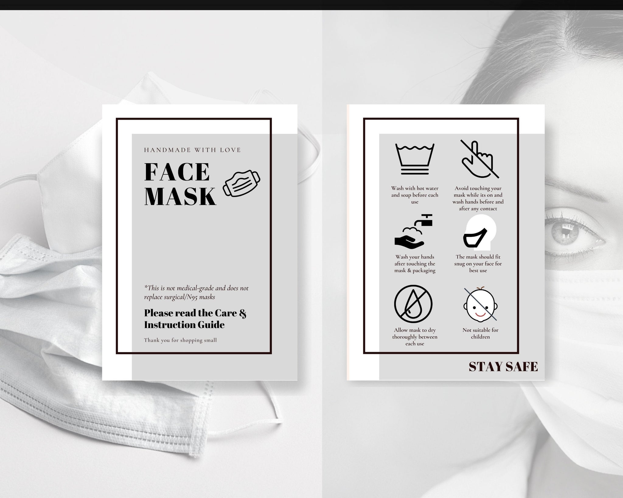 Medical Mask Label Face Mask Label Care Card Instructions | 2 Sided - Monochrome